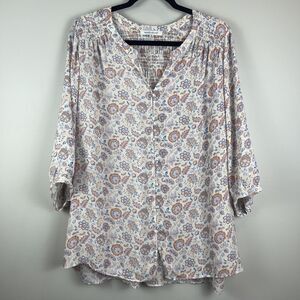 Rose + Olive Tunic Top Women 1X White Floral Lightweight Smocked Flowy Peasant